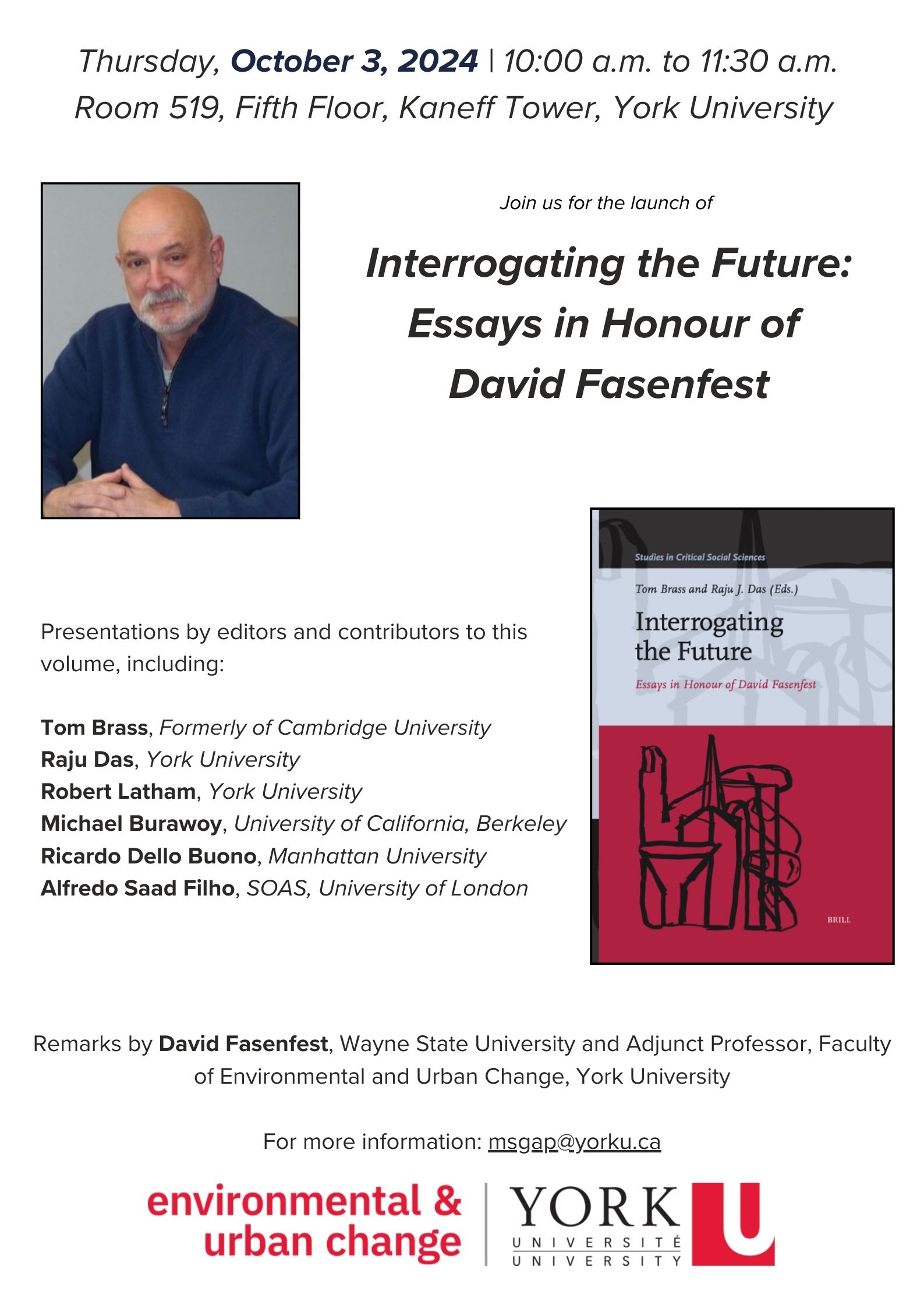 Poster for the Launch of Interrogating the Future: Essays in Honour of David Fasenfest, 03 October 2024