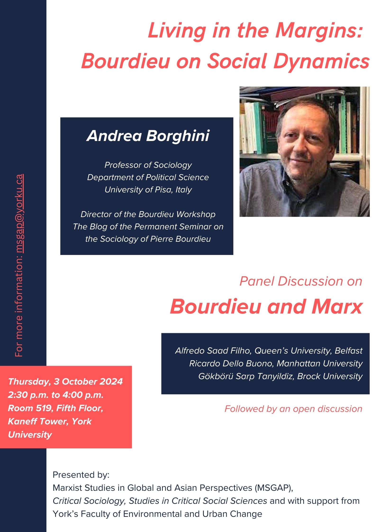 Poster for Living in the Margins: Bourdieu on Social Dynamics and panel discussion on Bourdieu and Marx, 03 October 2024